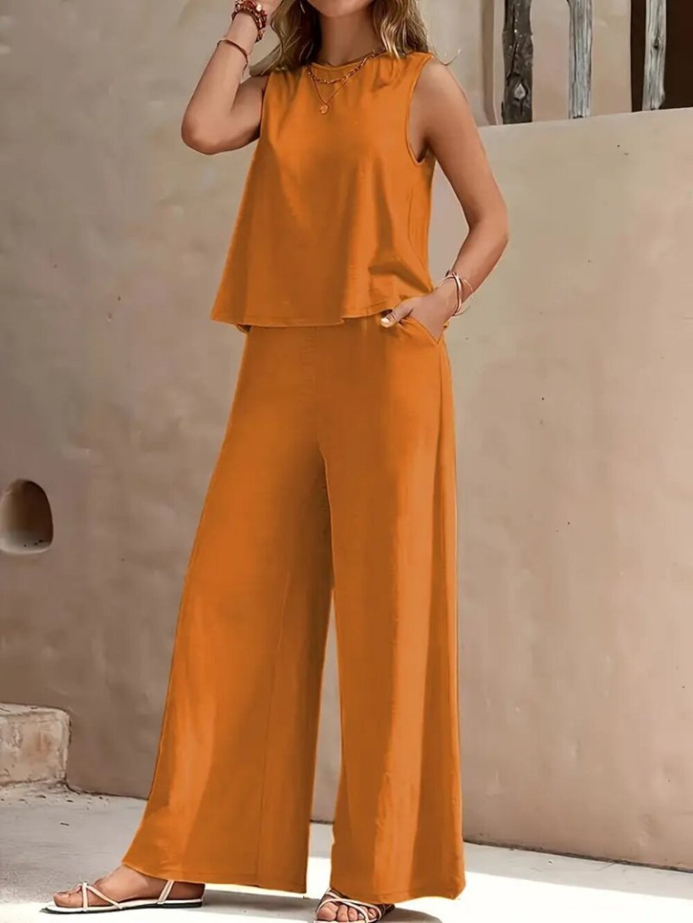 Women's Orange 2-Piece Pant Set – Sleeveless Top & High Waist Wide Leg Trousers